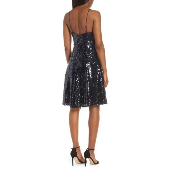 NWT Vince Camuto Sequin Fit & Flare Party V-Neck Mini Cocktail Dress Navy Blue 4 - Picture 4 of 12